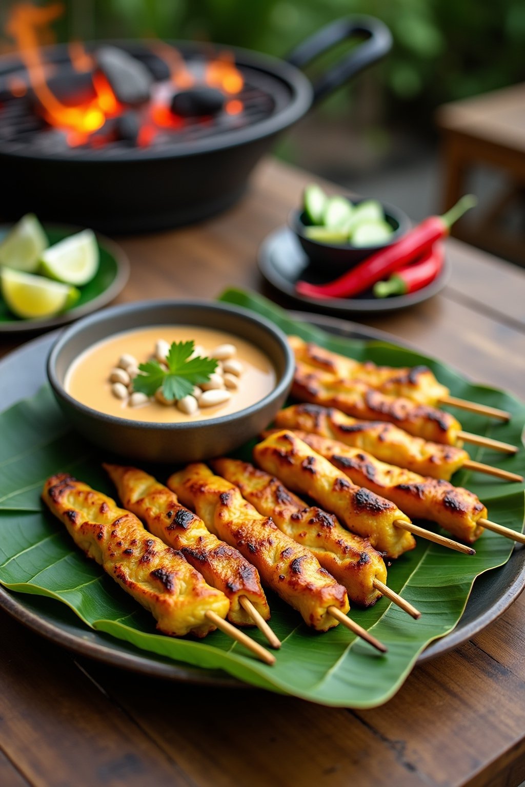 A platter of grilled thai chicken satay skewers on a banana leaf on an outdoor wooden table, golden yellow-turmeric chicken strips with dark char marks, a bowl of creamy peanut sauce drizzled with ...