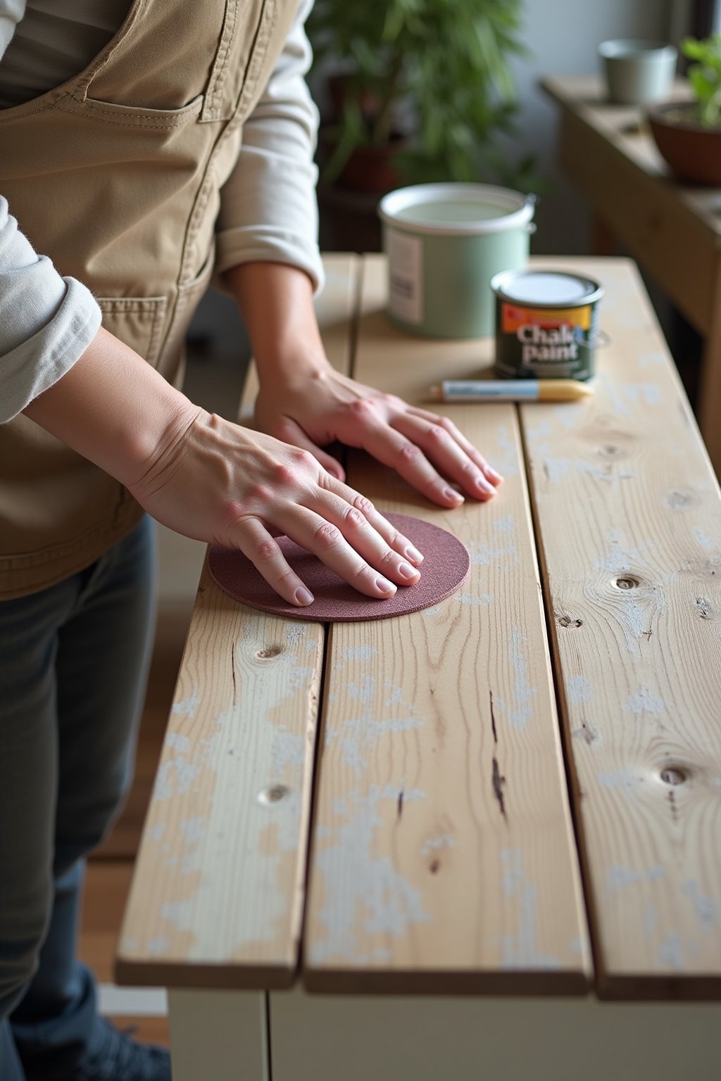 Close-up of hands sanding a vintage wooden side table with sandpaper