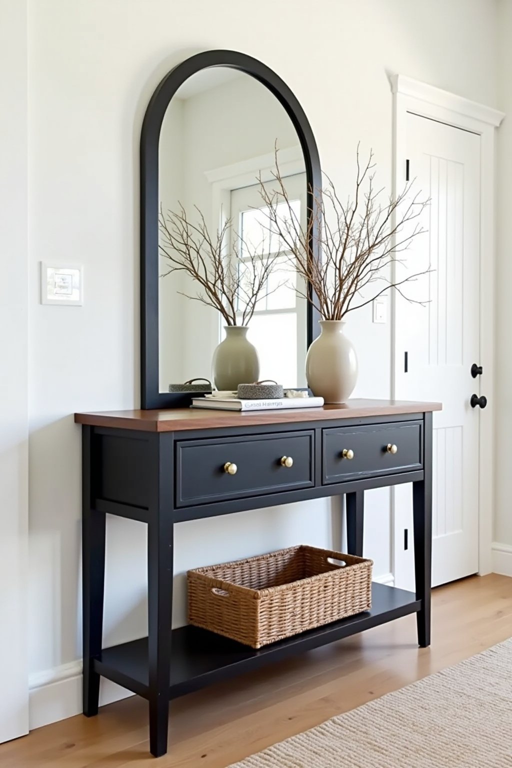 A thrift-flipped console table in matte black with exposed walnut top