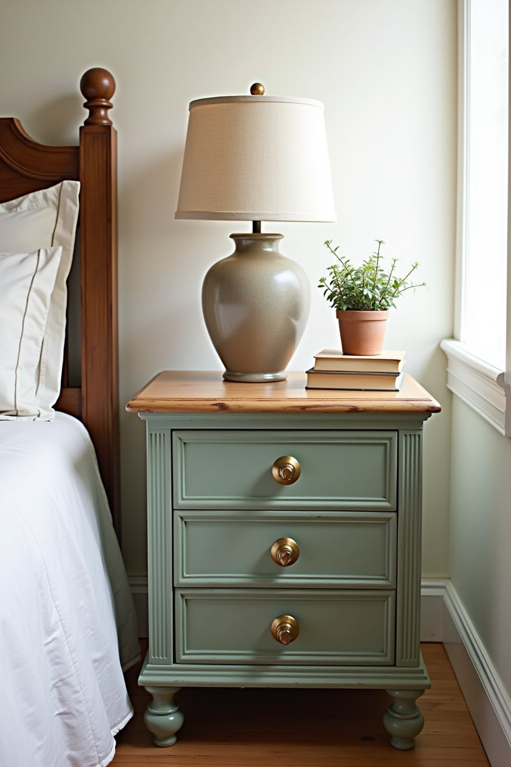 A beautifully refinished vintage nightstand painted sage green with natural wood top and new brass knobs