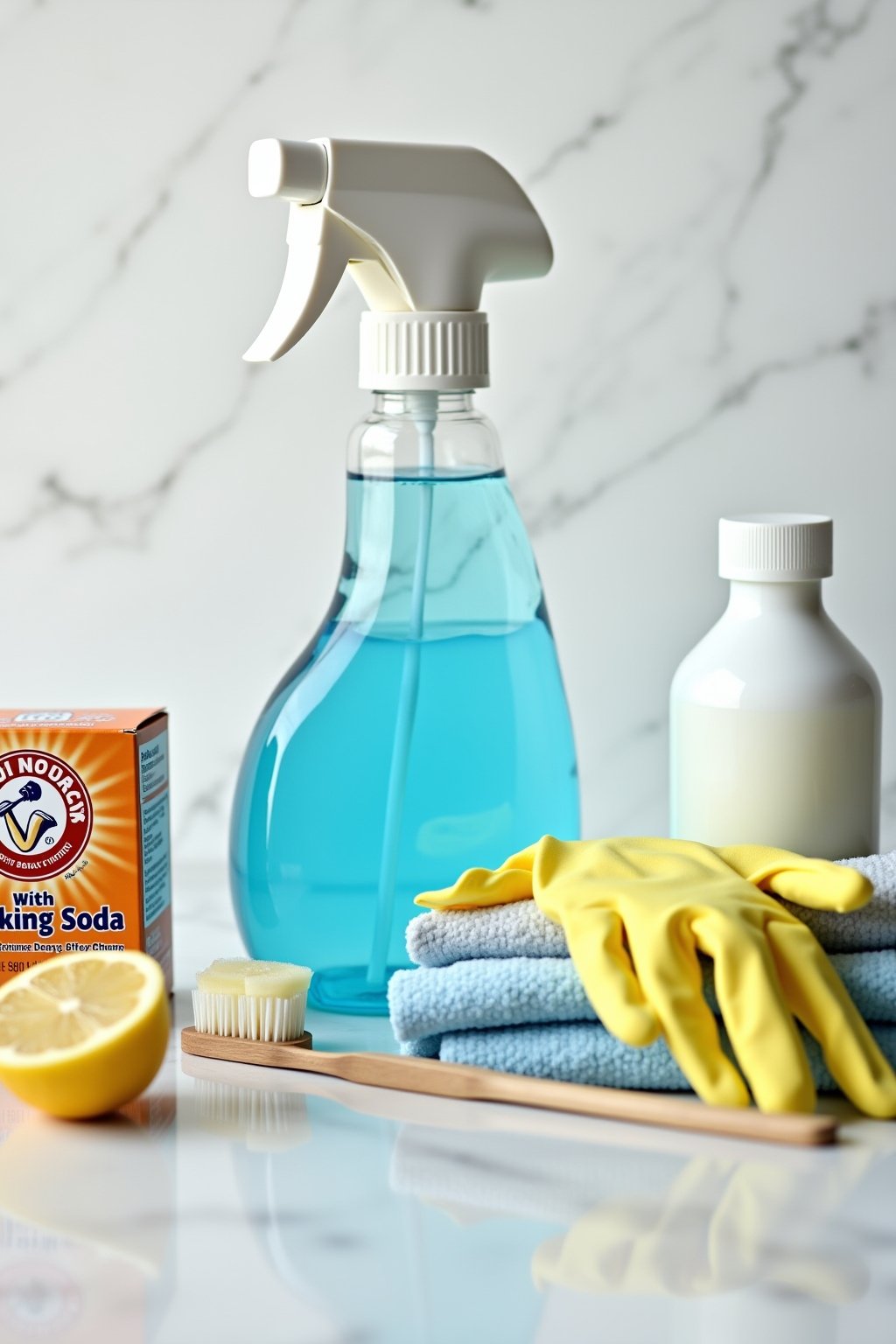 Of cleaning supplies on a white marble countertop: spray bottle with blue liquid
