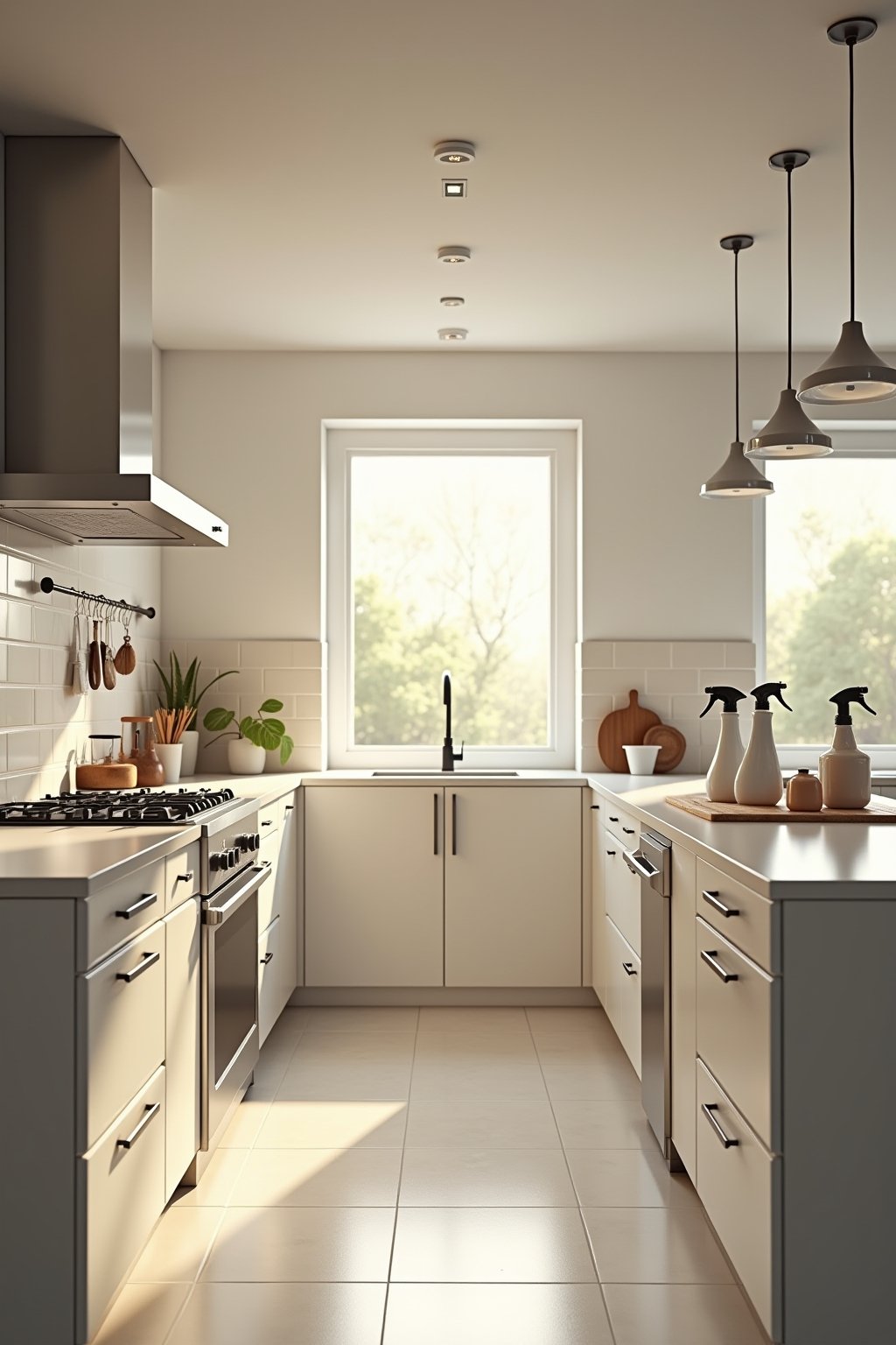 Wide shot of a bright modern kitchen with sparkling clean countertops and stainless steel appliances