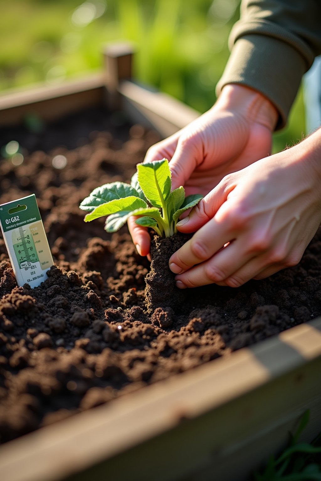 Close-up hands planting vegetable seeds in dark rich garden soil in spring, a soil thermometer inserted nearby showing 60 degrees, seed packets for beans and radishes visible, morning dew on the so...