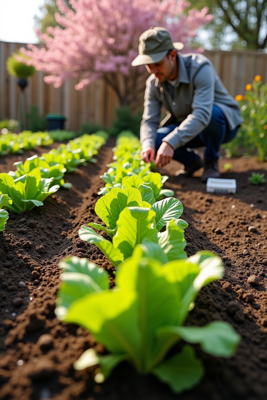 A beautiful spring vegetable garden in april with rows of young vegetable seedlings emerging, lettuce and pea shoots in neat raised beds, a gardener kneeling and planting seeds in rich dark soil, s...
