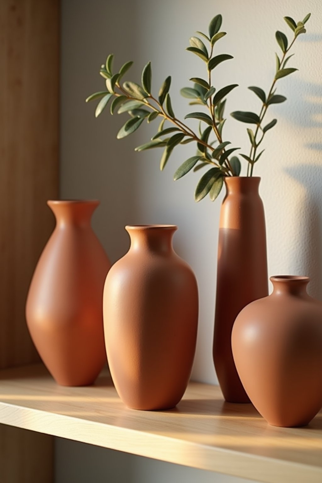 Close-up of a shelf styling with terracotta ceramic vases of varying heights