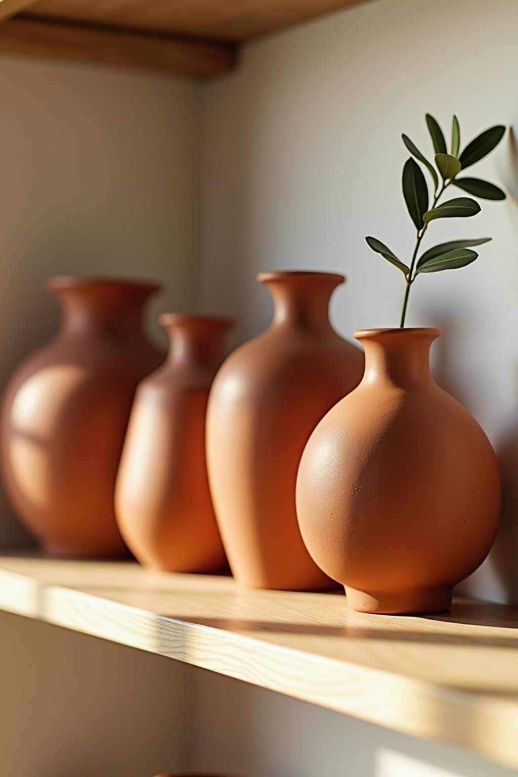 Close-up of a shelf styling with terracotta ceramic vases of varying heights