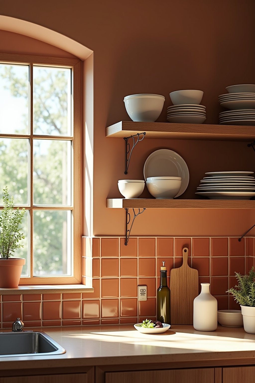 A kitchen with terracotta tile backsplash