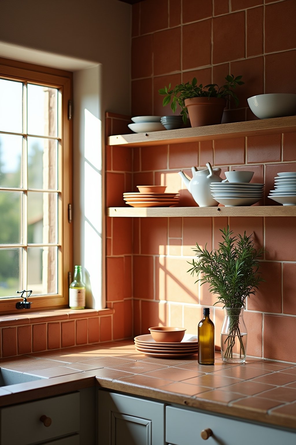 A kitchen with terracotta tile backsplash