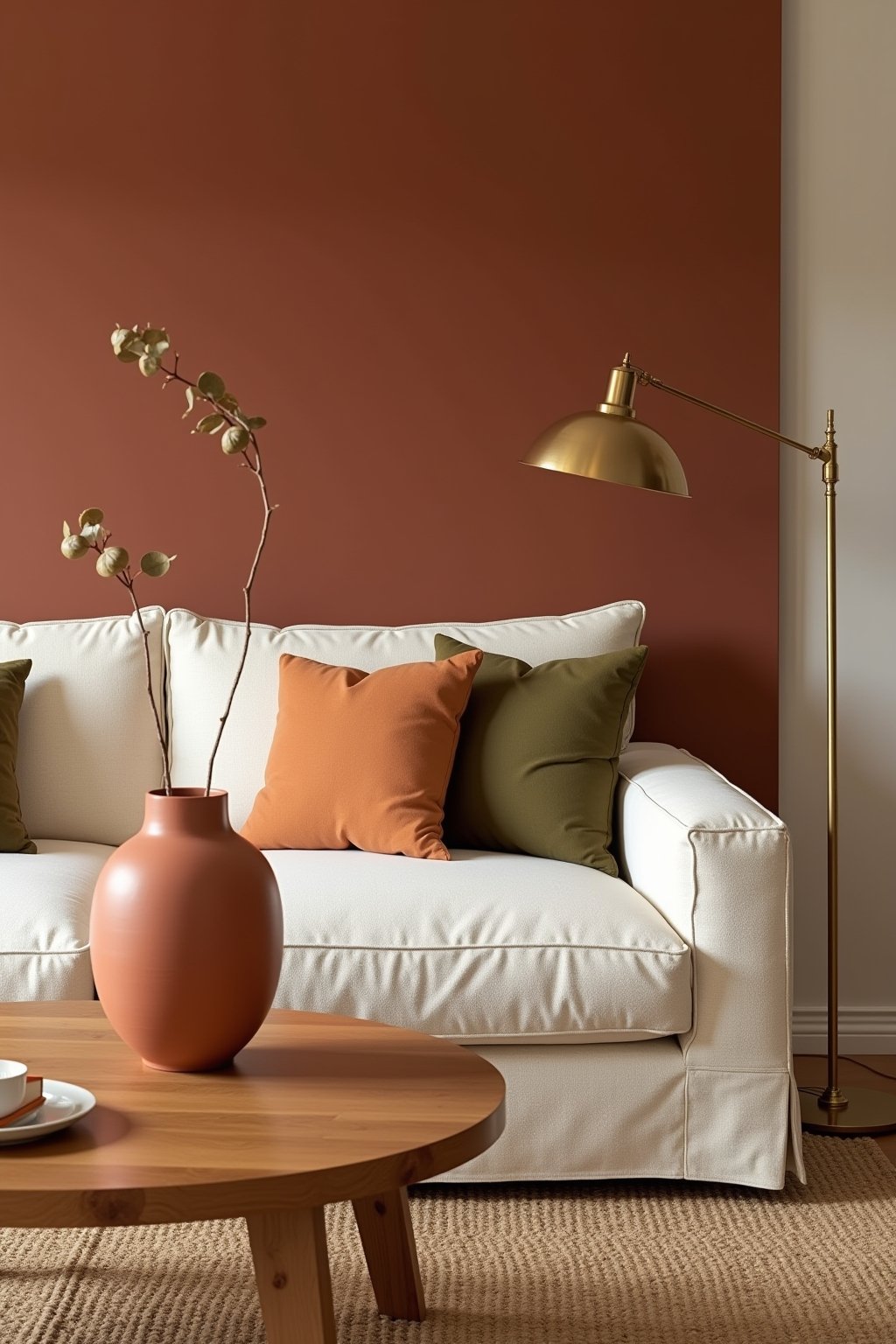 A warm living room with a terracotta accent wall behind a cream linen sofa