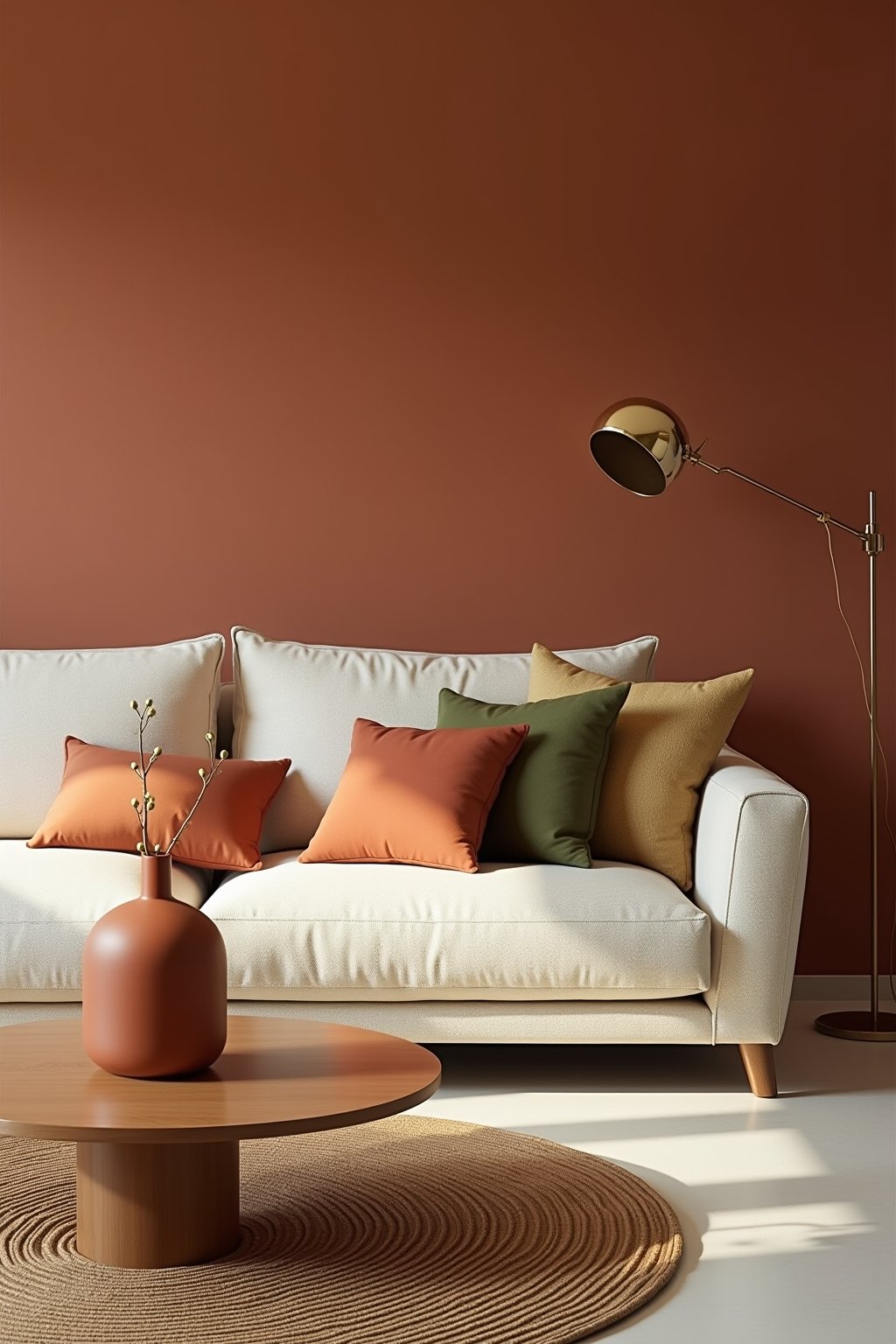 A warm living room with a terracotta accent wall behind a cream linen sofa