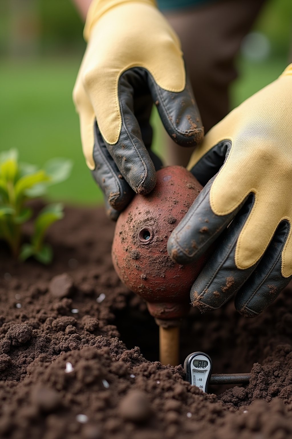 Close-up dahlia tubers being planted in rich dark garden soil, hands wearing gardening gloves pressing a firm dahlia tuber into a prepared hole with visible eye pointing upward, a soil thermometer ...