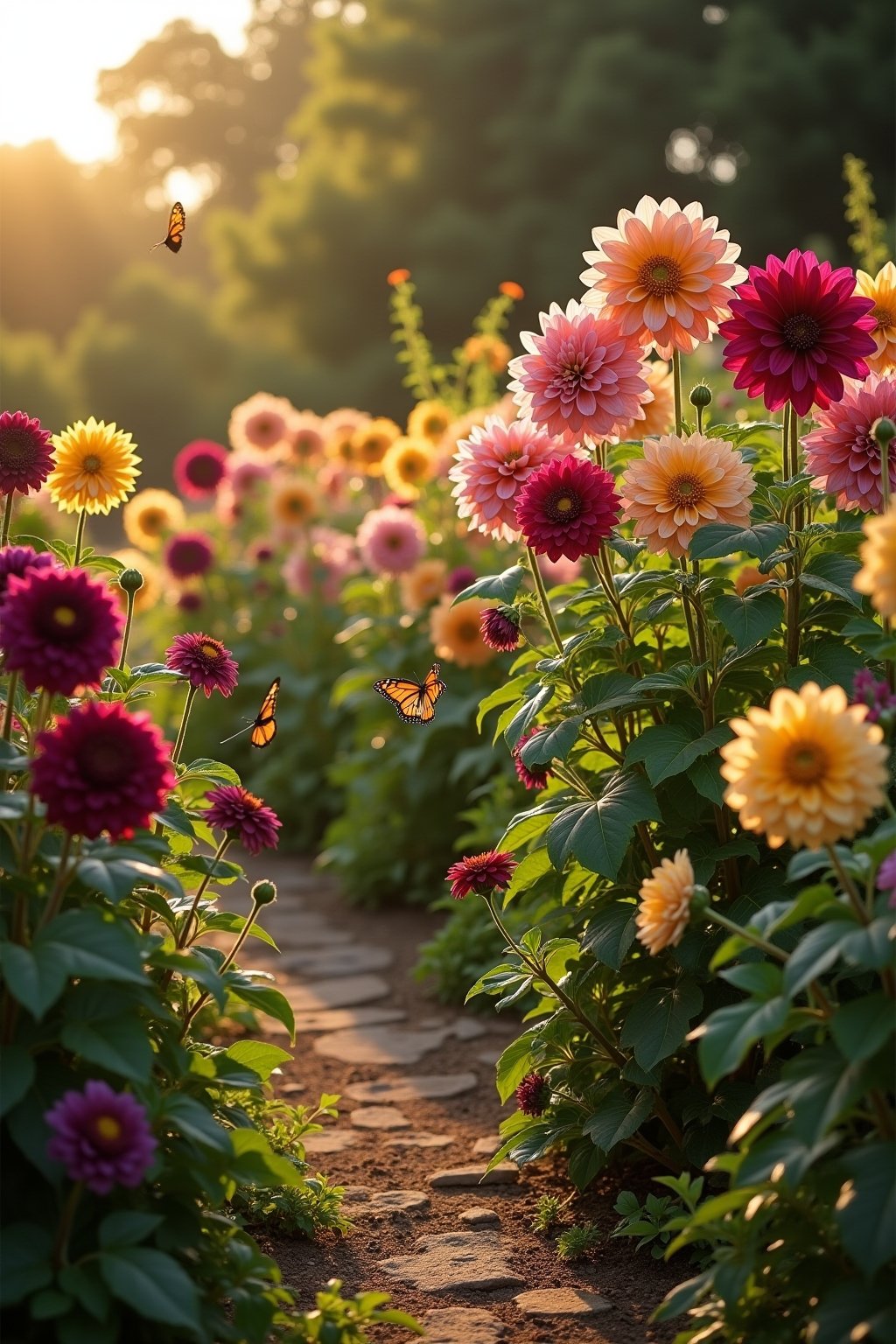 A stunning display of mature dahlia plants in full bloom in a cottage garden setting, tall dinner plate dahlias in peach and burgundy mixed with compact ball dahlias in purple and yellow, golden ho...