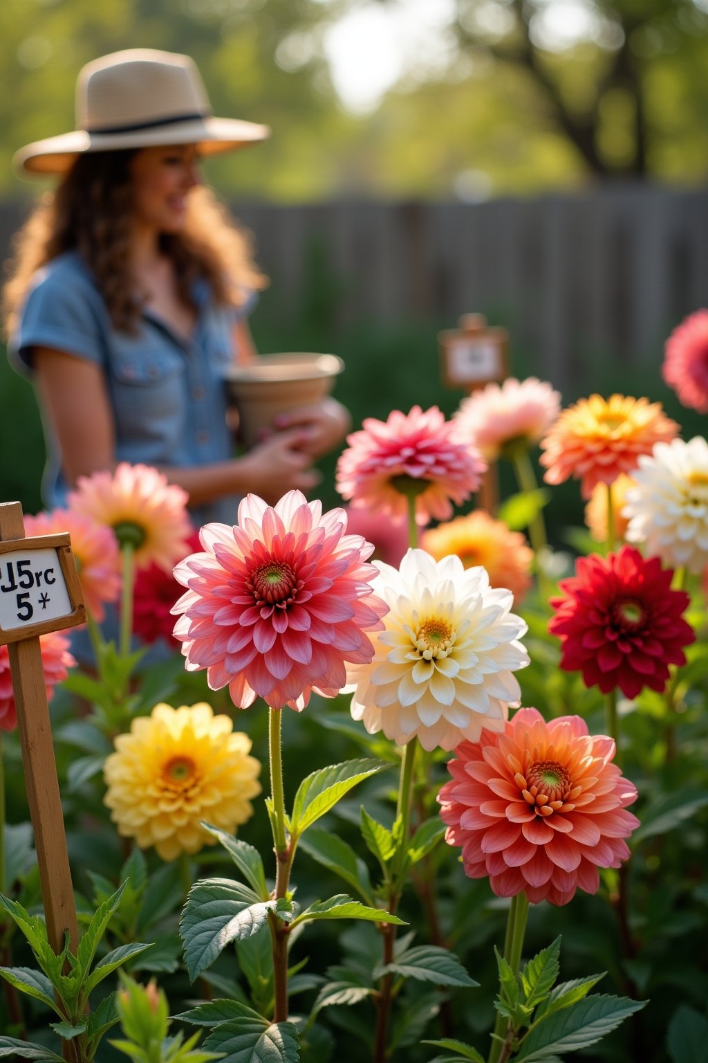A beautiful garden bed filled with blooming dahlias in multiple colors including pink, coral, yellow, deep red, and white, a woman gardener in the background with a straw hat admiring the flowers, ...